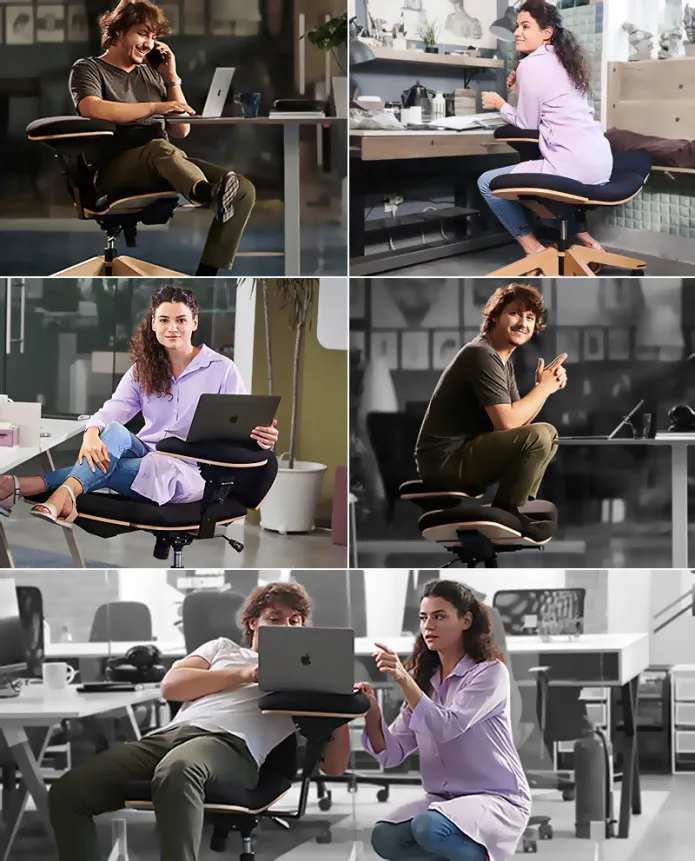 Cinci cadre din campania BeYou Chair, cu oameni care lucrează la laptop pe scaunul transformabil, în birouri.